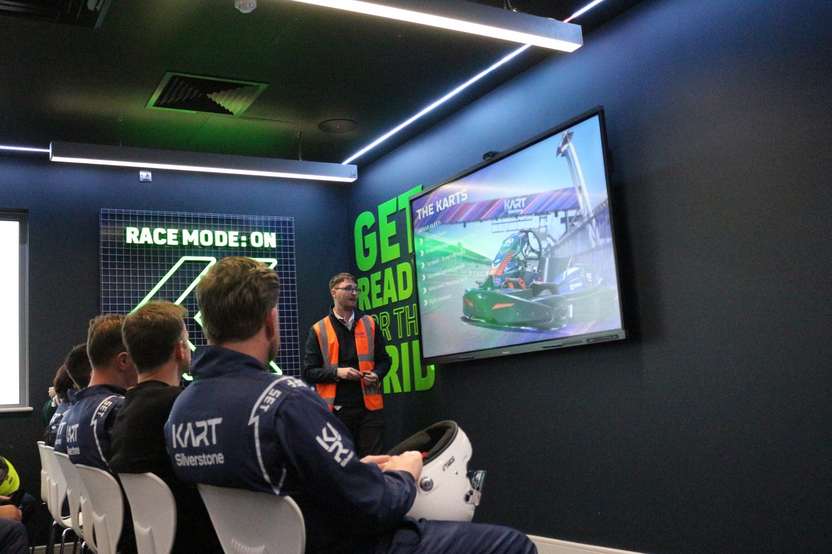 Drivers at a Silverstone karting event briefing