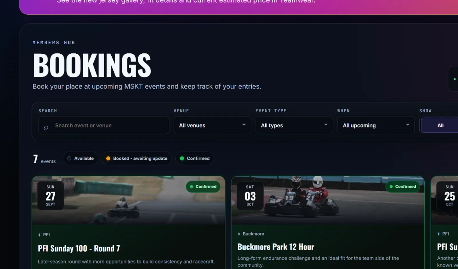 MSKT Members Hub event bookings page with upcoming karting events and booking status filters