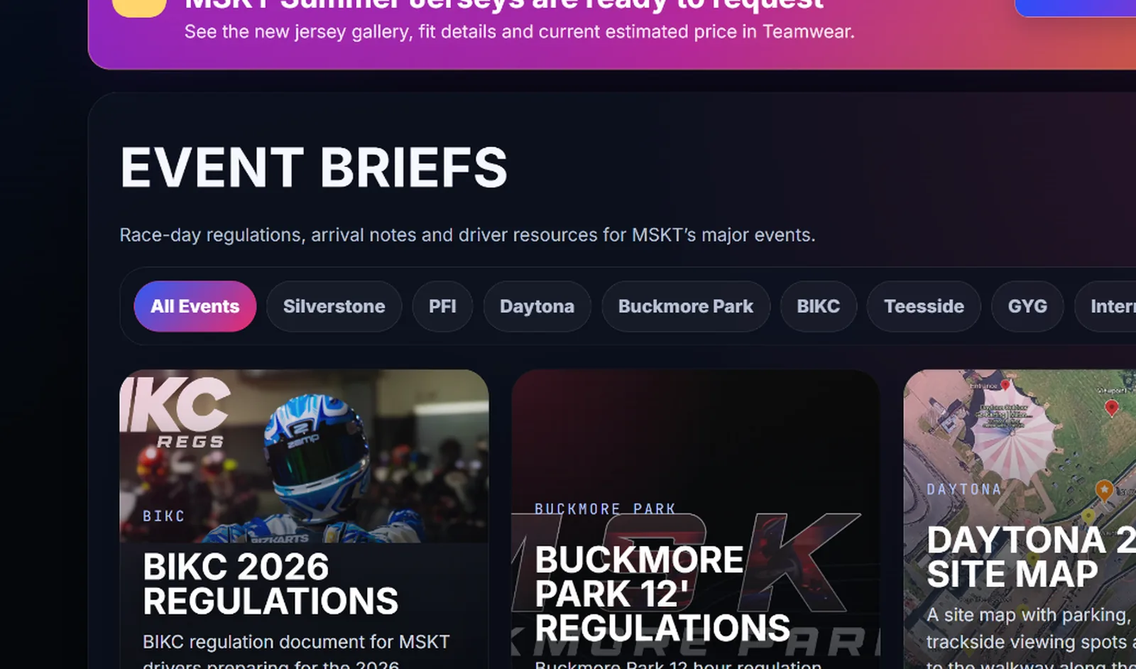 MSKT Event Briefs page with race regulations, maps and event resources